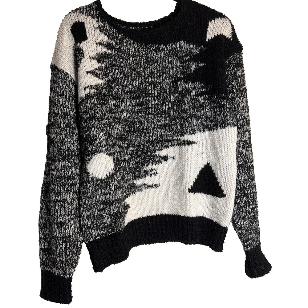 VTG Cheval Abstract‎ Geometric Black White Moody Indie Artsy Cozy Knit Sweater L